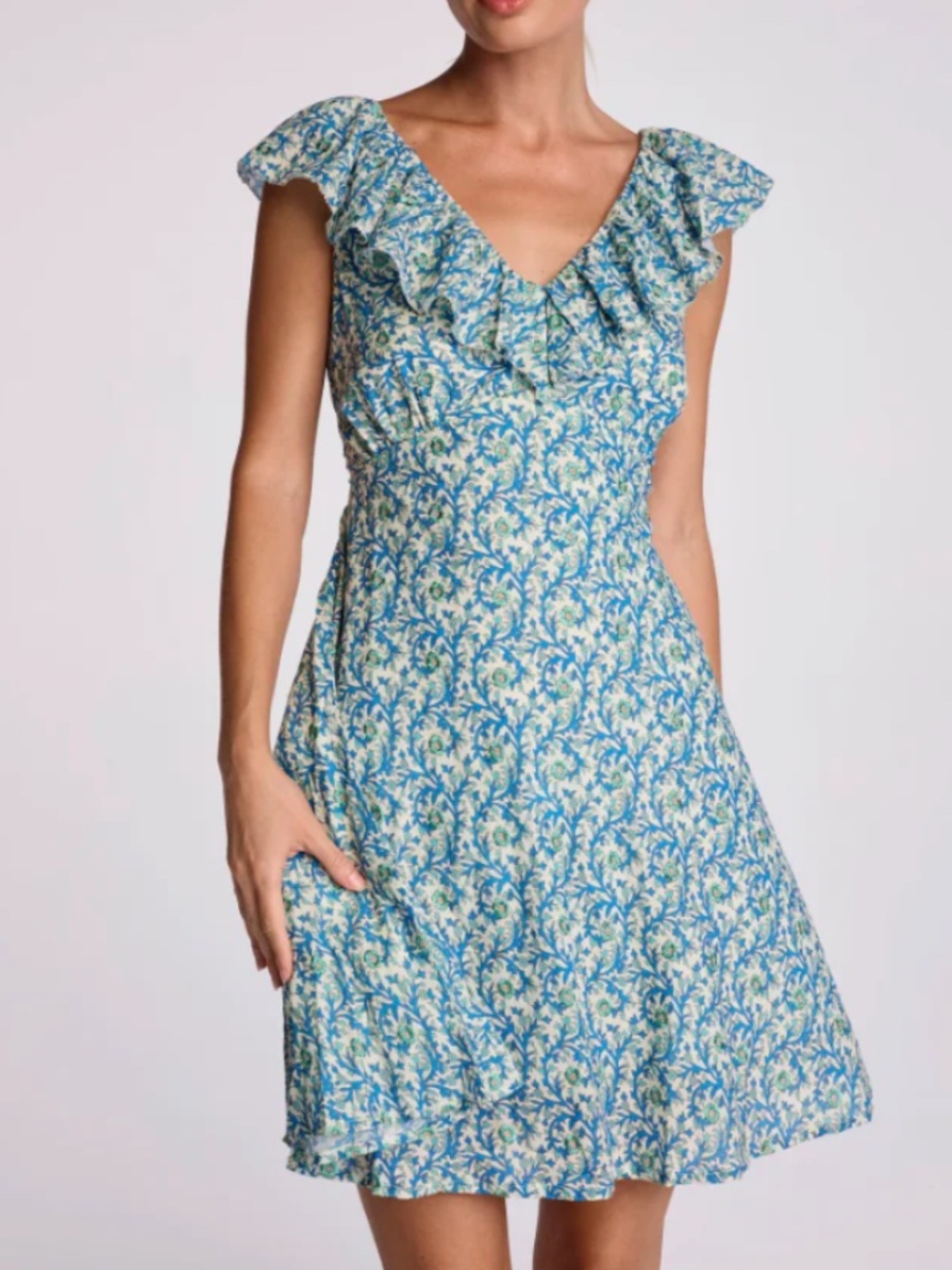 We are Sundays Cassie dress size M cotton embroidered blue floral ruffle v-neck